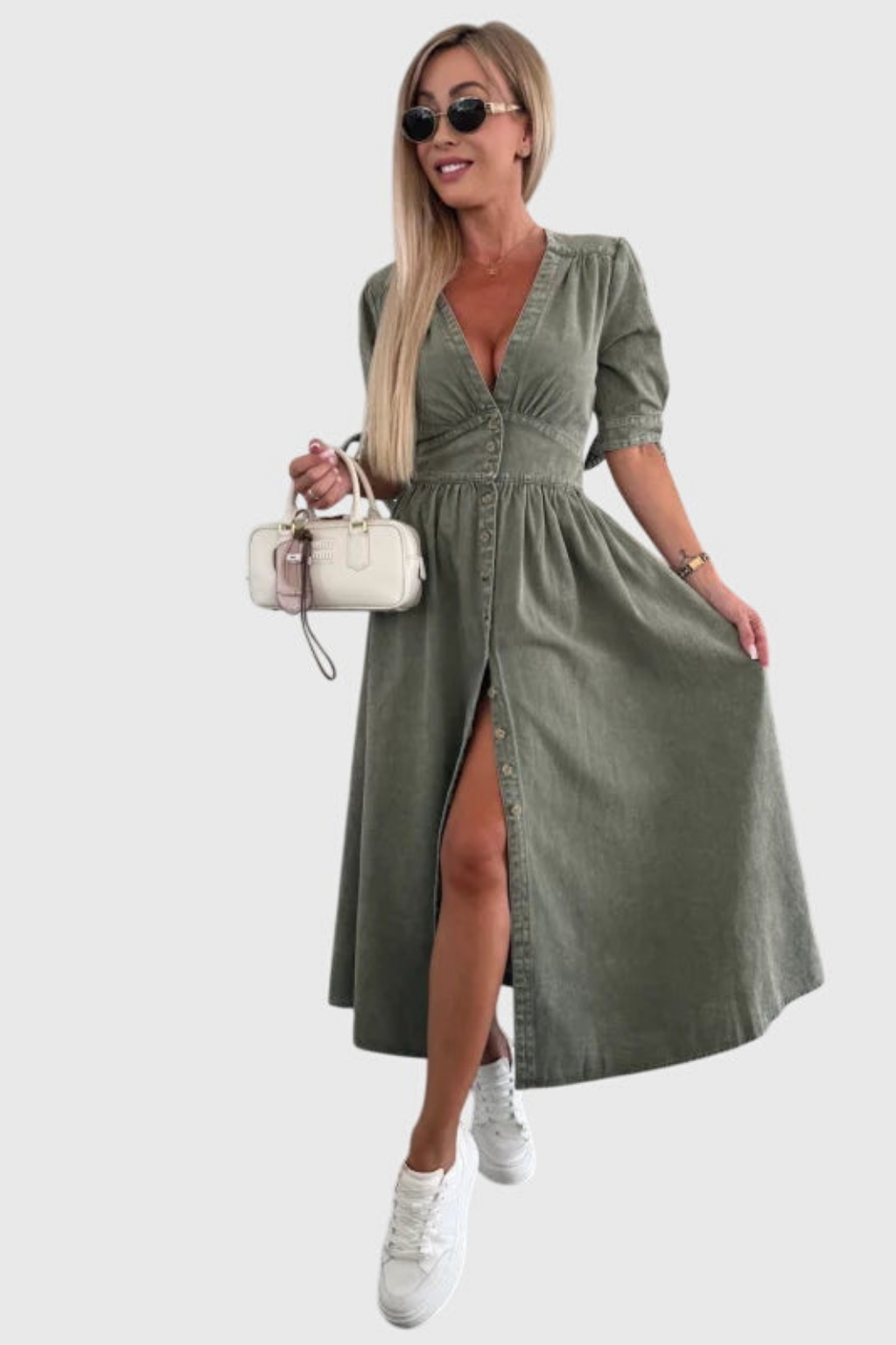 Roslyn | Women's Denim V-Neck Tie-Sleeve Button-Front Maxi Dress