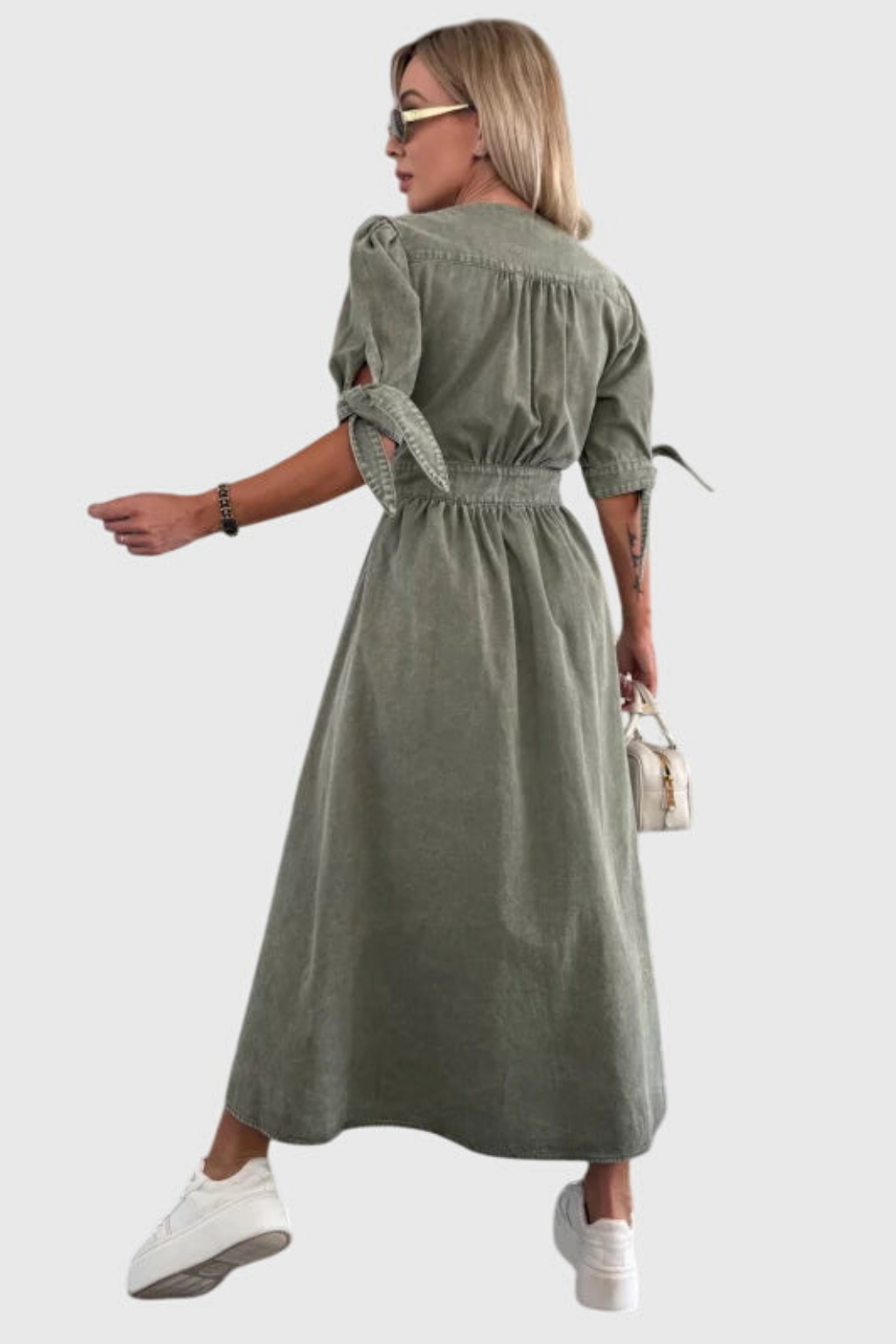 Roslyn | Women's Denim V-Neck Tie-Sleeve Button-Front Maxi Dress