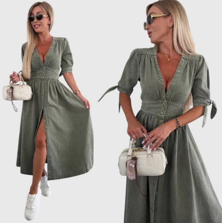 Roslyn | Women's Denim V-Neck Tie-Sleeve Button-Front Maxi Dress
