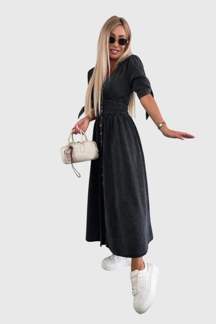 Roslyn | Women's Denim V-Neck Tie-Sleeve Button-Front Maxi Dress