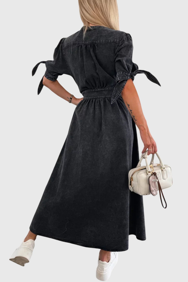 Roslyn | Women's Denim V-Neck Tie-Sleeve Button-Front Maxi Dress