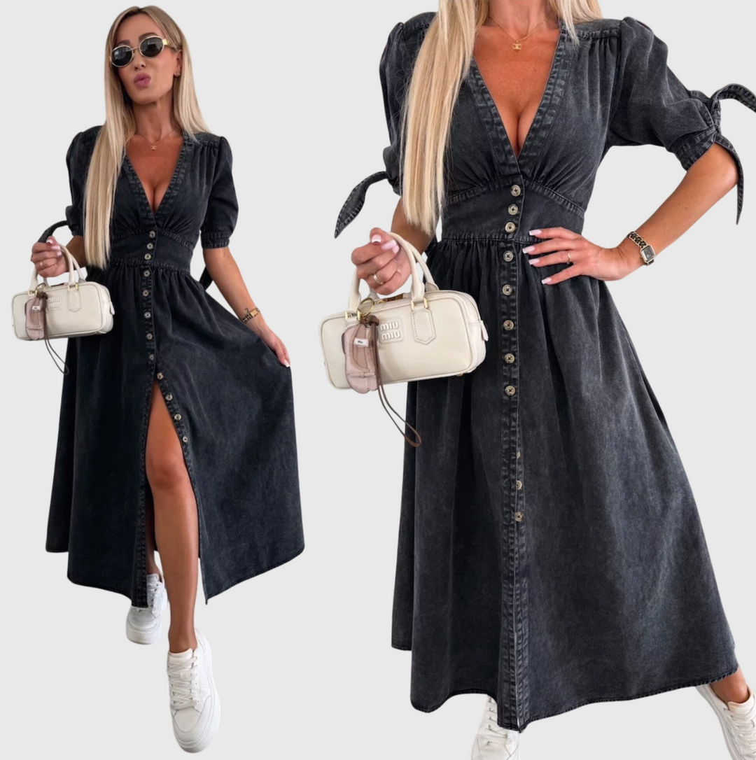 Roslyn | Women's Denim V-Neck Tie-Sleeve Button-Front Maxi Dress