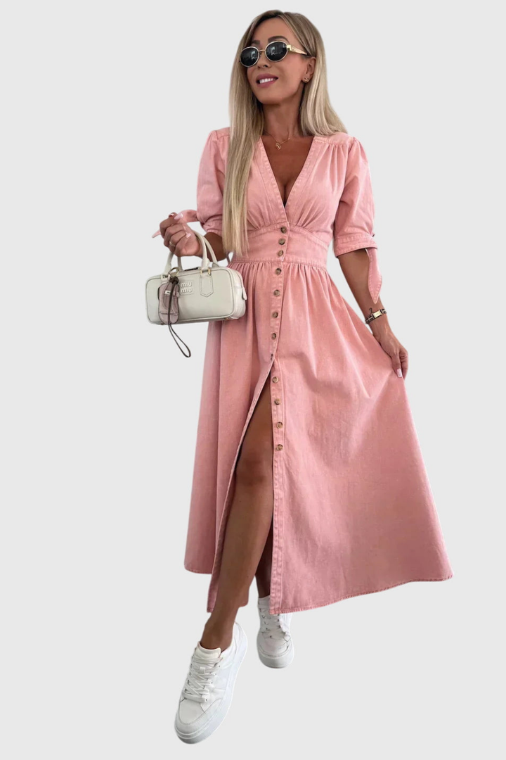 Roslyn | Women's Denim V-Neck Tie-Sleeve Button-Front Maxi Dress