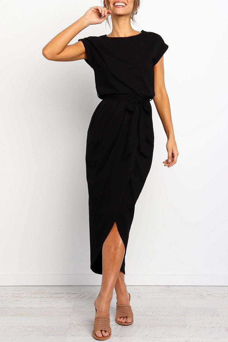 Rowena | Women's Chiffon Cap Sleeve Belted Wrap Midi Dress