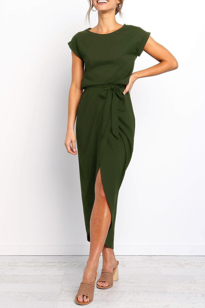 Rowena | Women's Chiffon Cap Sleeve Belted Wrap Midi Dress
