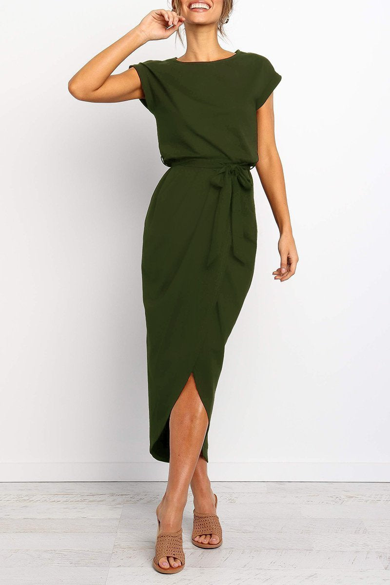 Rowena | Women's Chiffon Cap Sleeve Belted Wrap Midi Dress