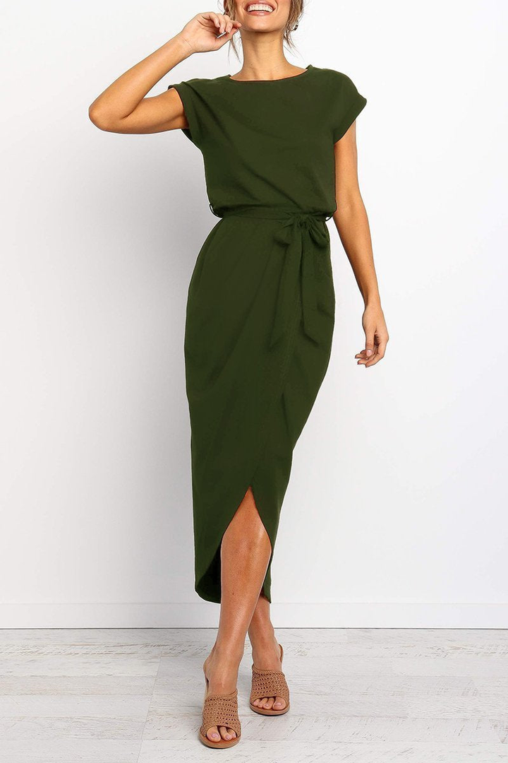 Rowena | Women's Chiffon Cap Sleeve Belted Wrap Midi Dress