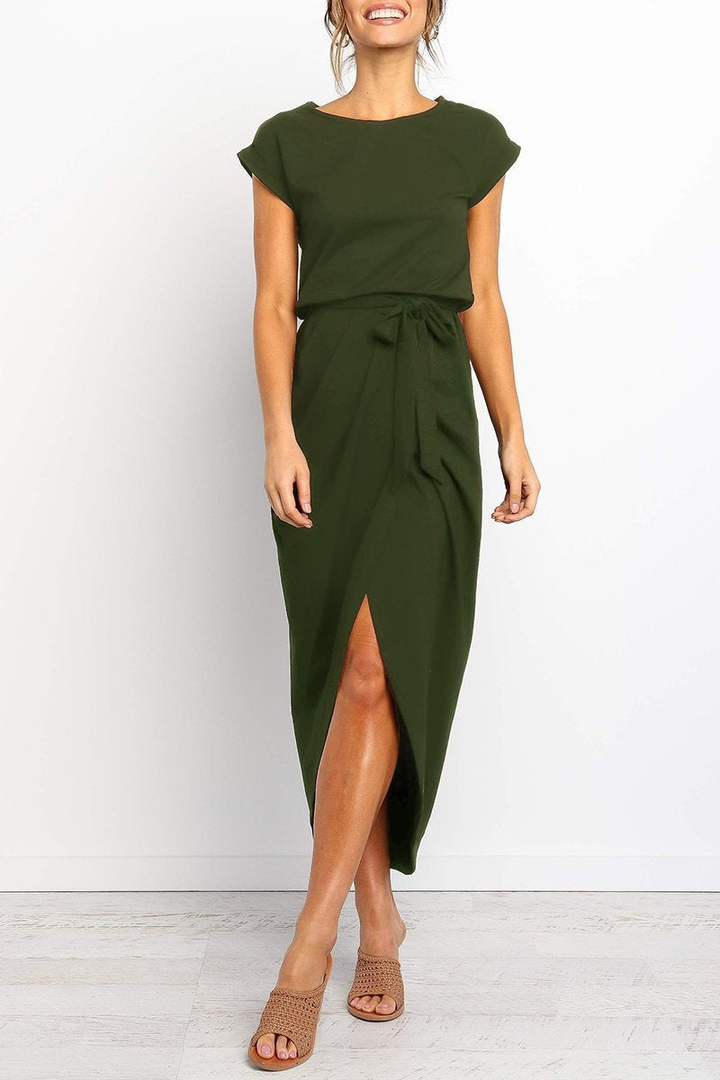 Rowena | Women's Chiffon Cap Sleeve Belted Wrap Midi Dress