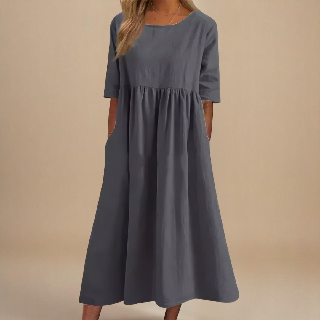 Sage | Women's Linen Gathered Waist Half-Sleeve Midi Dress