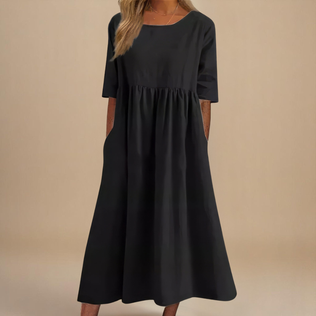 Sage | Women's Linen Gathered Waist Half-Sleeve Midi Dress