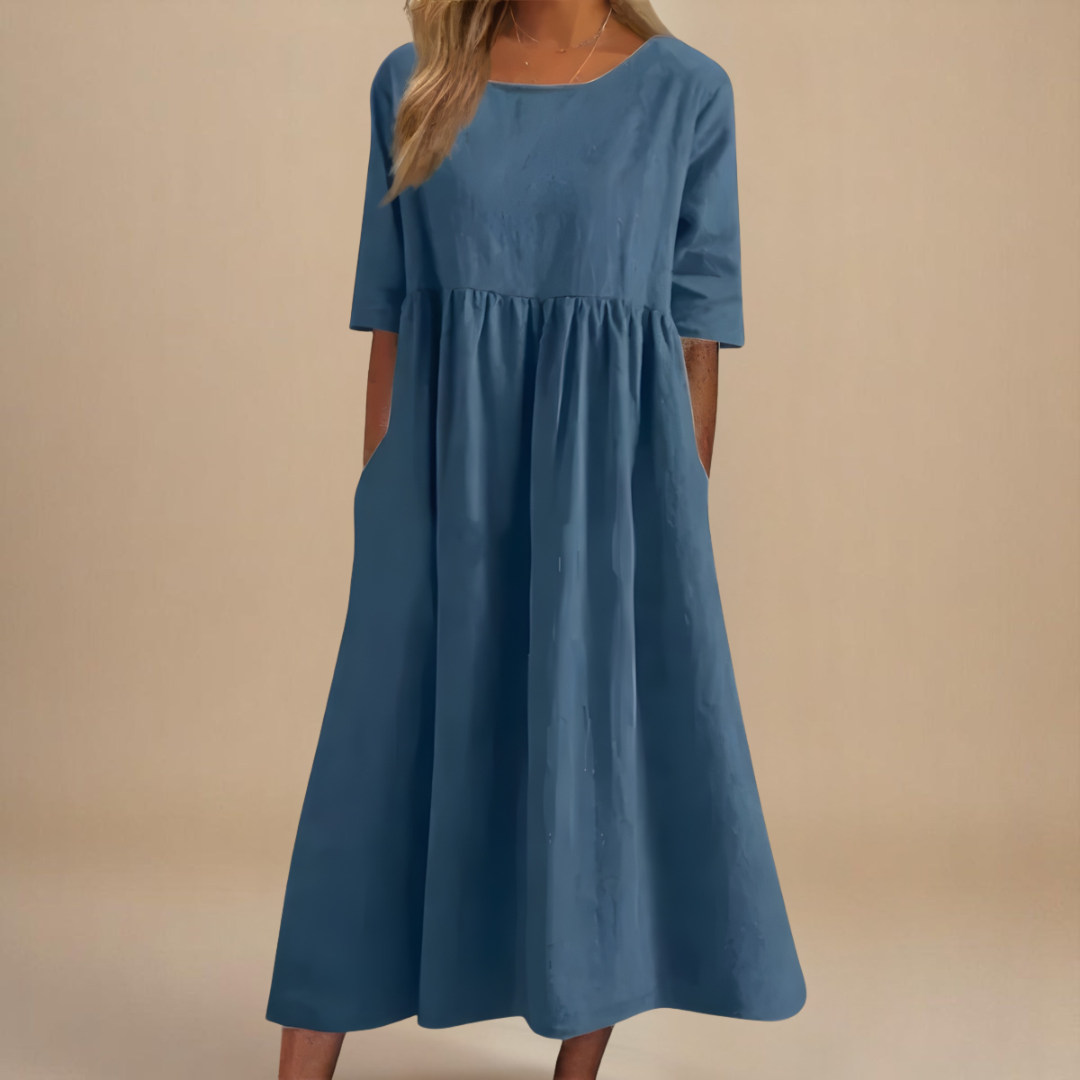 Sage | Women's Linen Gathered Waist Half-Sleeve Midi Dress