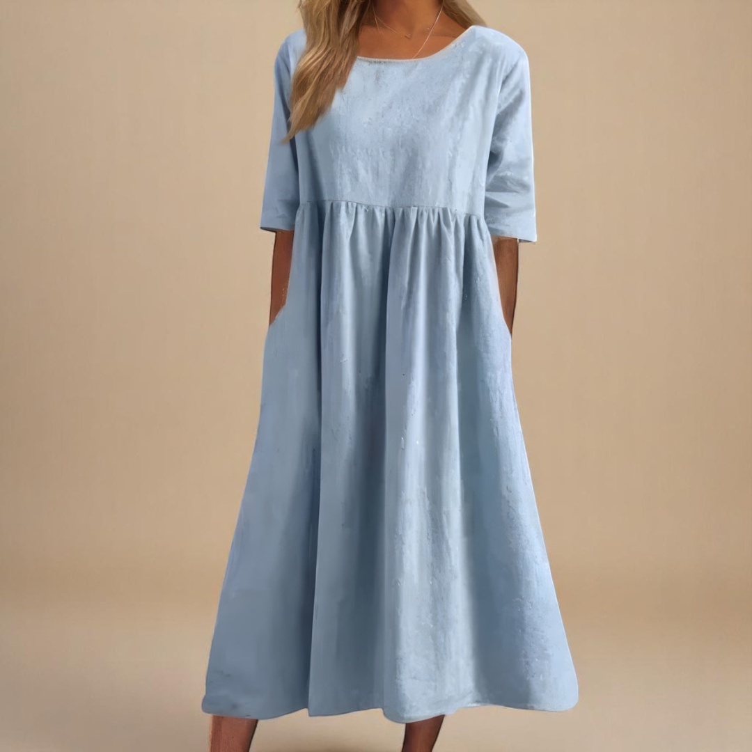 Sage | Women's Linen Gathered Waist Half-Sleeve Midi Dress