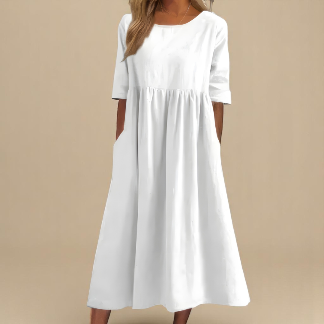 Sage | Women's Linen Gathered Waist Half-Sleeve Midi Dress