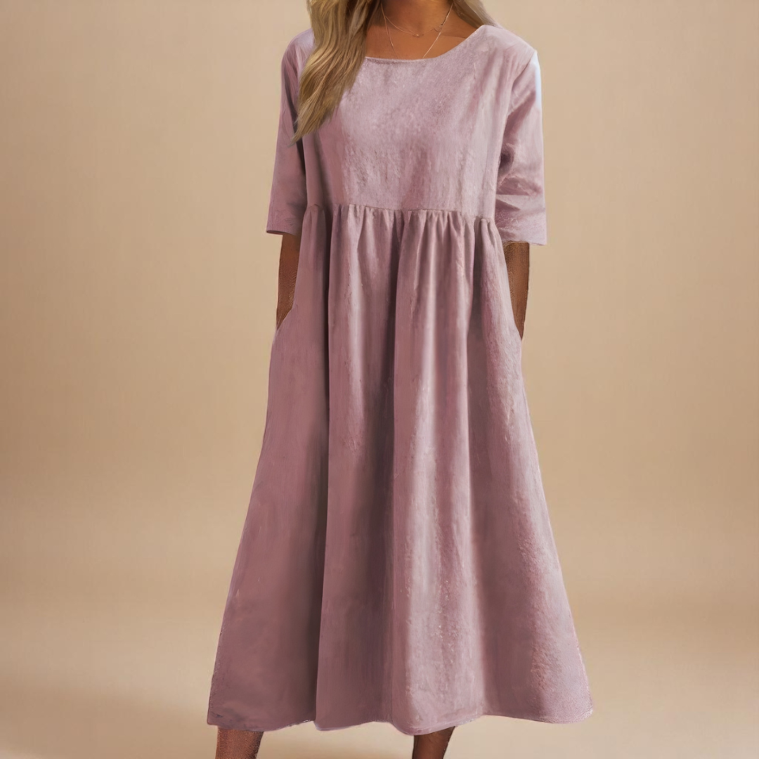 Sage | Women's Linen Gathered Waist Half-Sleeve Midi Dress