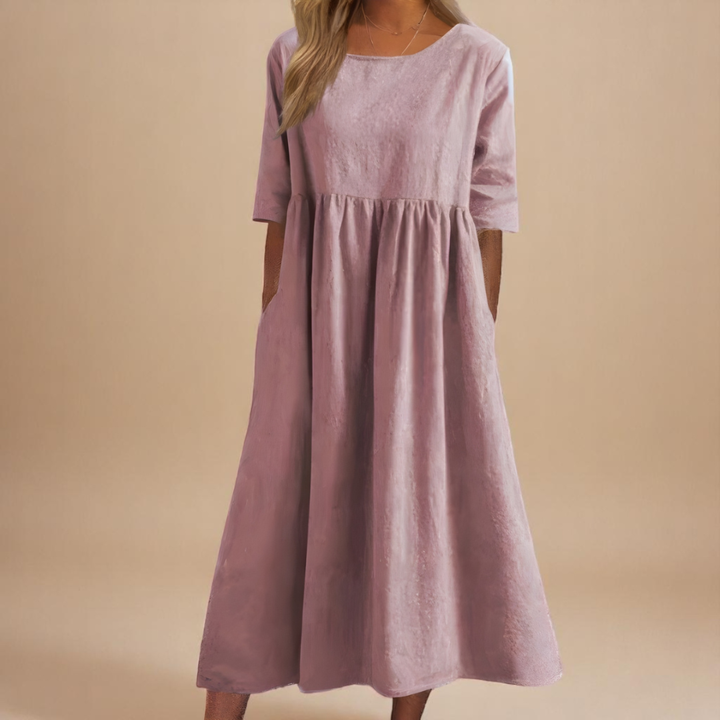Sage | Women's Linen Gathered Waist Half-Sleeve Midi Dress