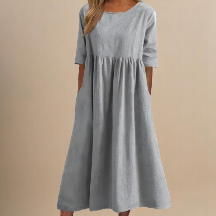 Sage | Women's Linen Gathered Waist Half-Sleeve Midi Dress