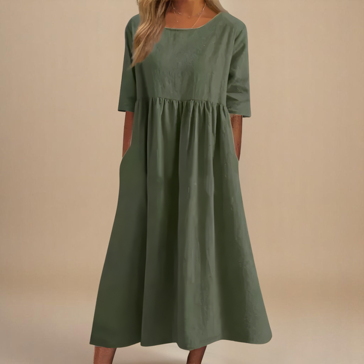 Sage | Women's Linen Gathered Waist Half-Sleeve Midi Dress