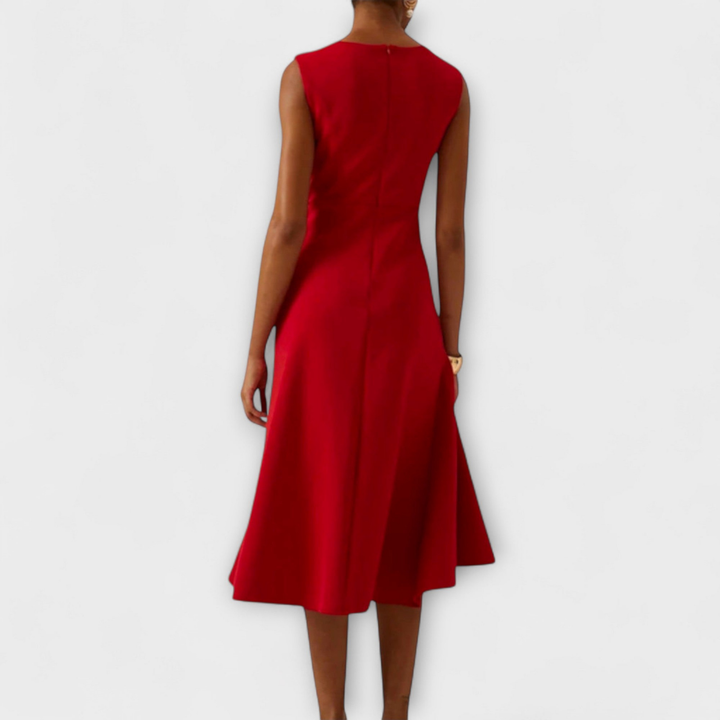 Scarlett | Women's Stretch Sleeveless Draped Knot Ruffle Midi Dress