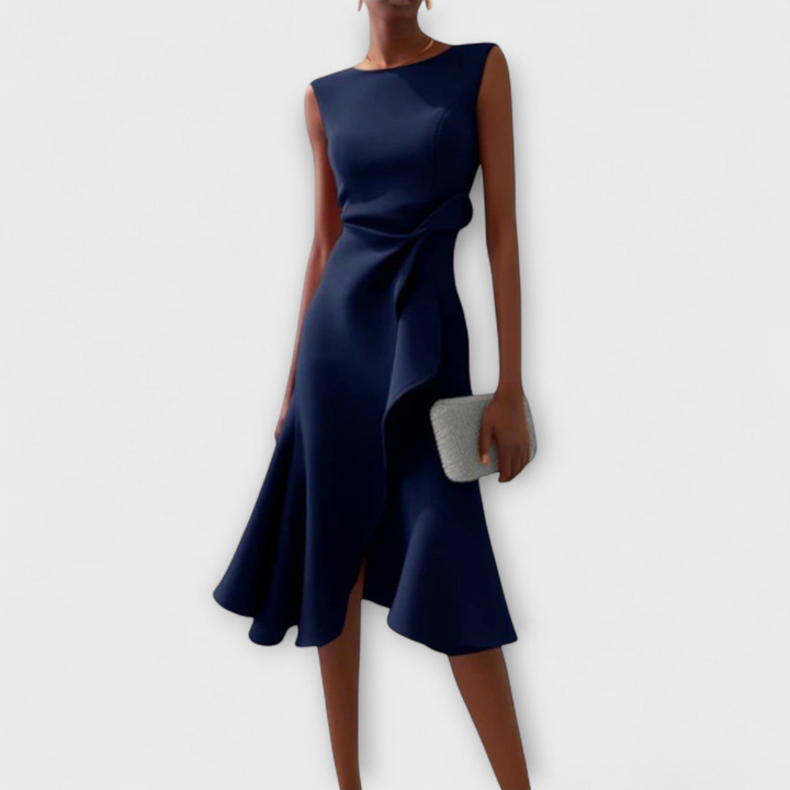 Scarlett | Women's Stretch Sleeveless Draped Knot Ruffle Midi Dress