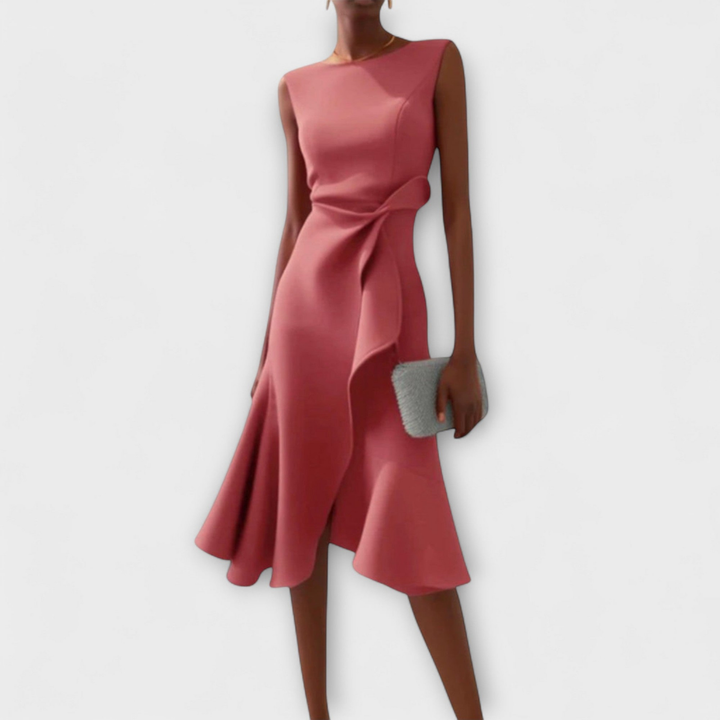 Scarlett | Women's Stretch Sleeveless Draped Knot Ruffle Midi Dress