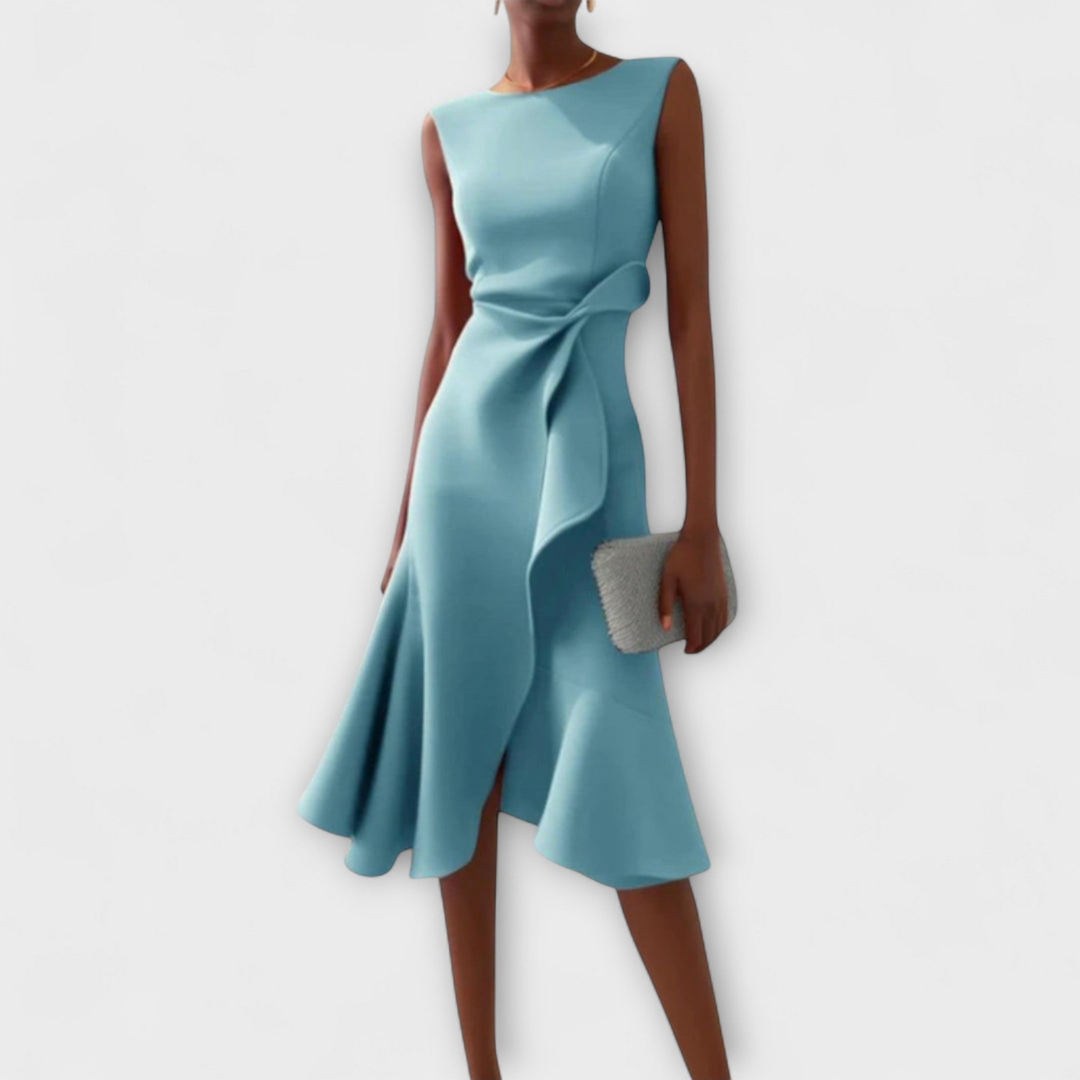 Scarlett | Women's Stretch Sleeveless Draped Knot Ruffle Midi Dress