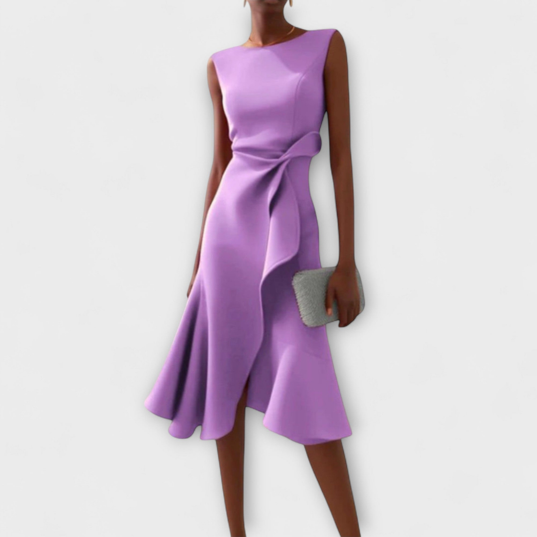 Scarlett | Women's Stretch Sleeveless Draped Knot Ruffle Midi Dress