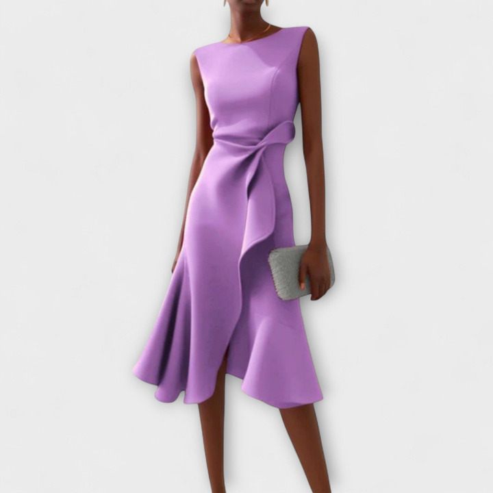 Scarlett | Women's Stretch Sleeveless Draped Knot Ruffle Midi Dress