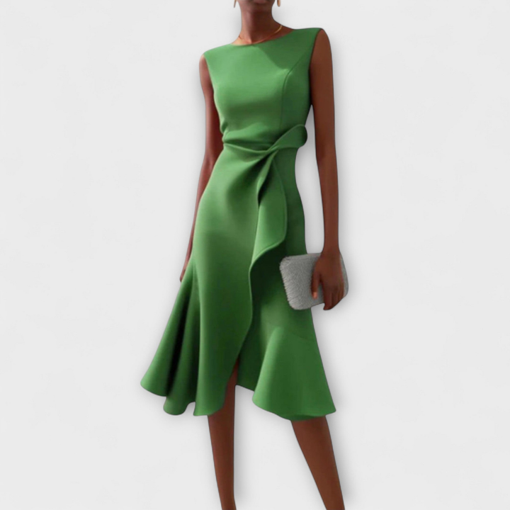 Scarlett | Women's Stretch Sleeveless Draped Knot Ruffle Midi Dress