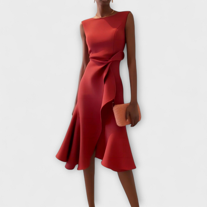 Scarlett | Women's Stretch Sleeveless Draped Knot Ruffle Midi Dress