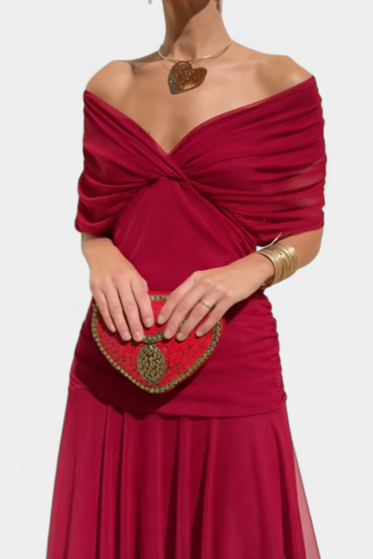 Selene | Women's Chiffon Off-Shoulder Ruched Twist-Front Midi Dress