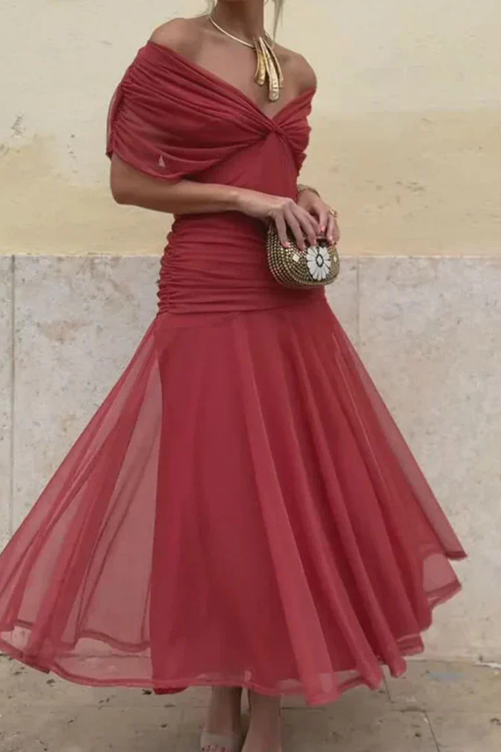 Selene | Women's Chiffon Off-Shoulder Ruched Twist-Front Midi Dress