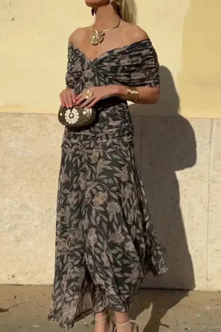Selene | Women's Chiffon Off-Shoulder Ruched Twist-Front Midi Dress