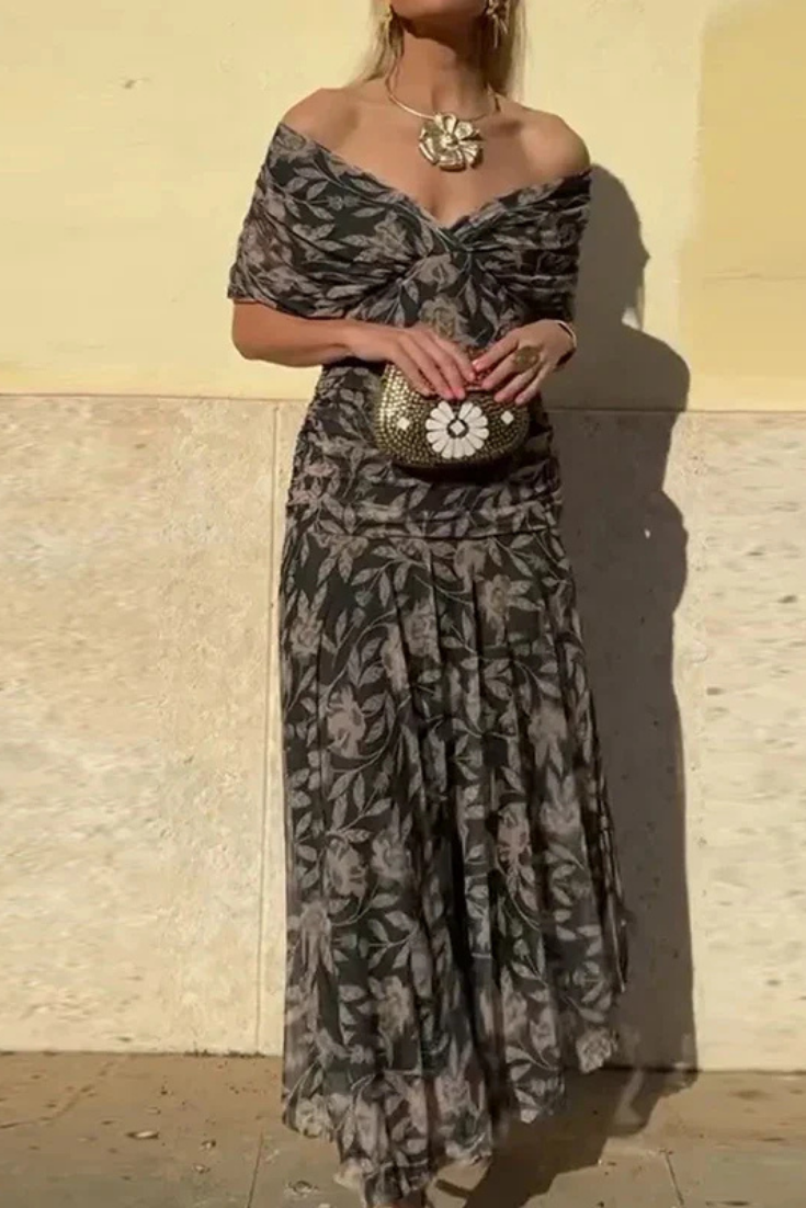 Selene | Women's Chiffon Off-Shoulder Ruched Twist-Front Midi Dress