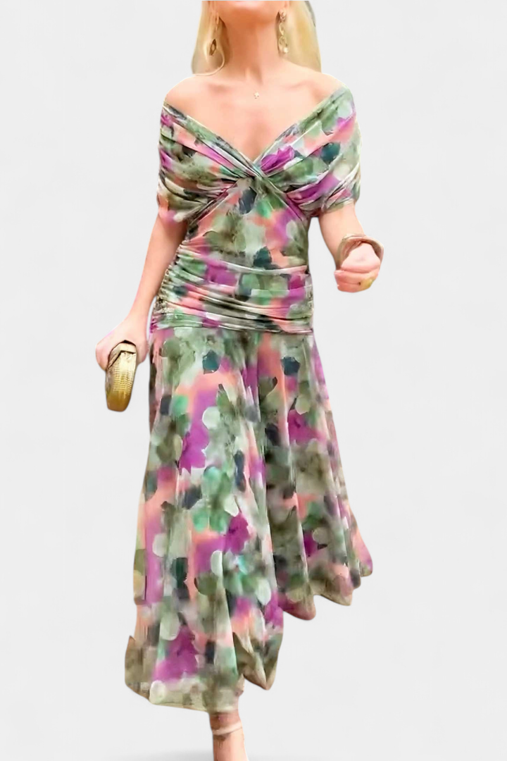 Selene | Women's Chiffon Off-Shoulder Ruched Twist-Front Midi Dress