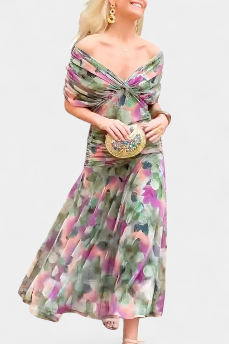 Selene | Women's Chiffon Off-Shoulder Ruched Twist-Front Midi Dress