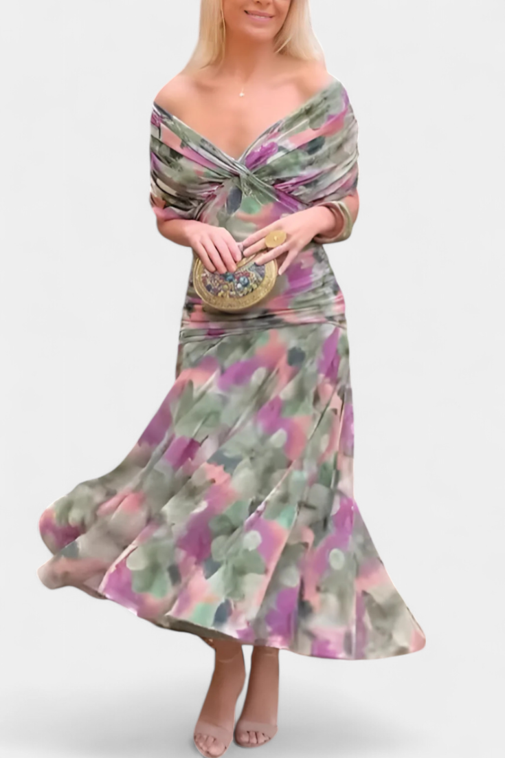 Selene | Women's Chiffon Off-Shoulder Ruched Twist-Front Midi Dress