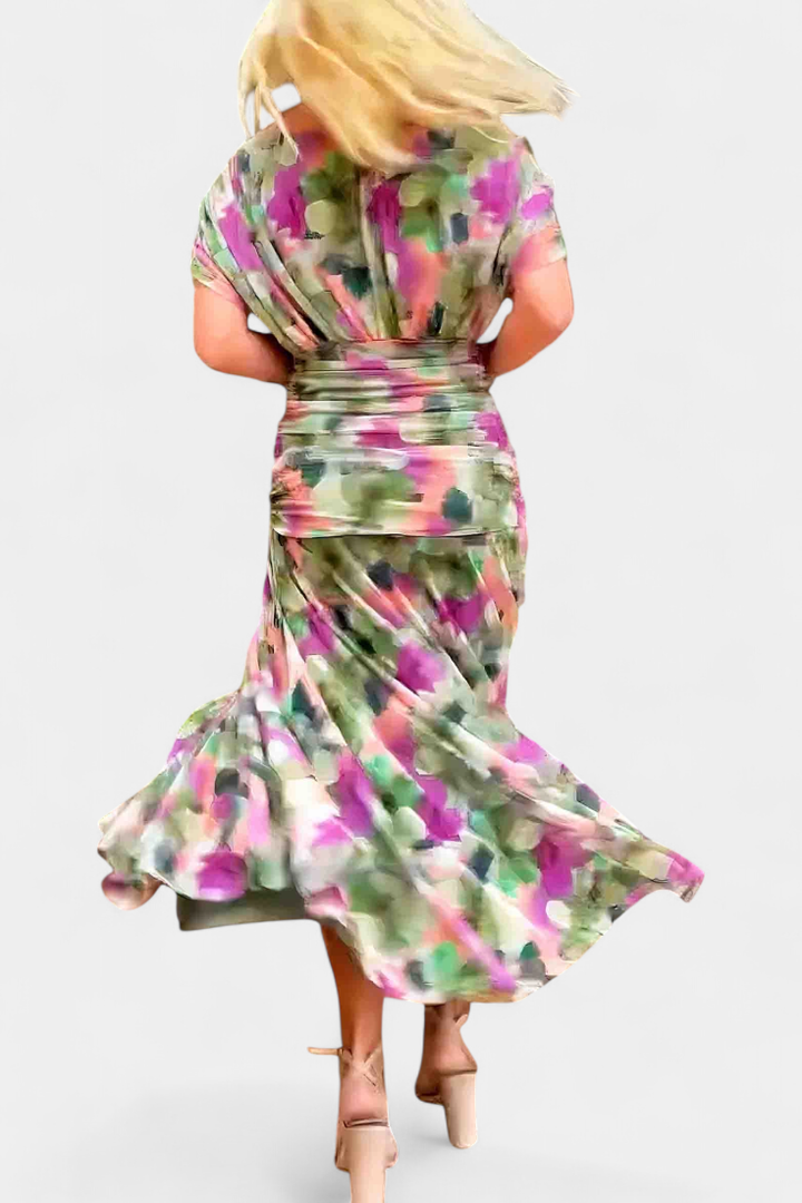 Selene | Women's Chiffon Off-Shoulder Ruched Twist-Front Midi Dress