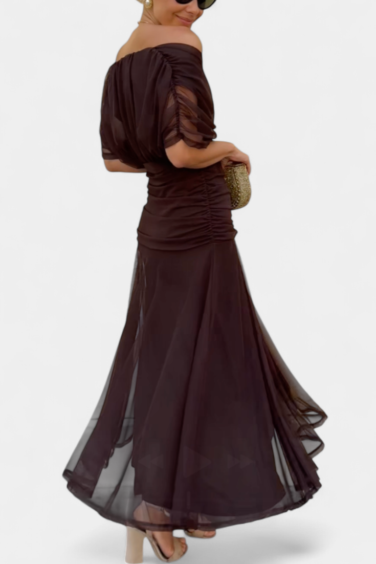 Selene | Women's Chiffon Off-Shoulder Ruched Twist-Front Midi Dress