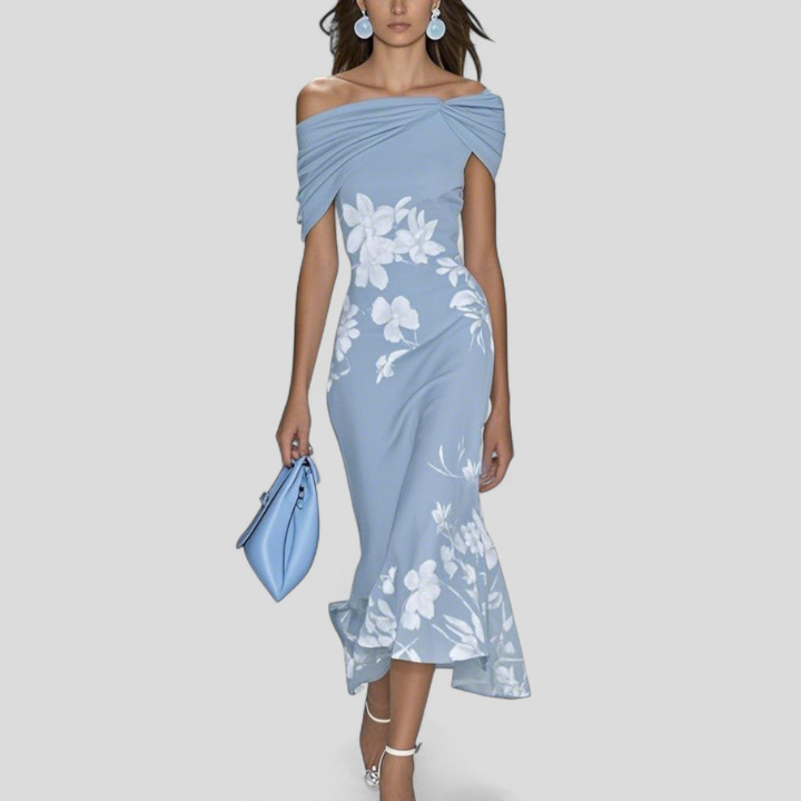 Seraphine | Women's Satin Floral Off-Shoulder Twist-Front Midi Dress