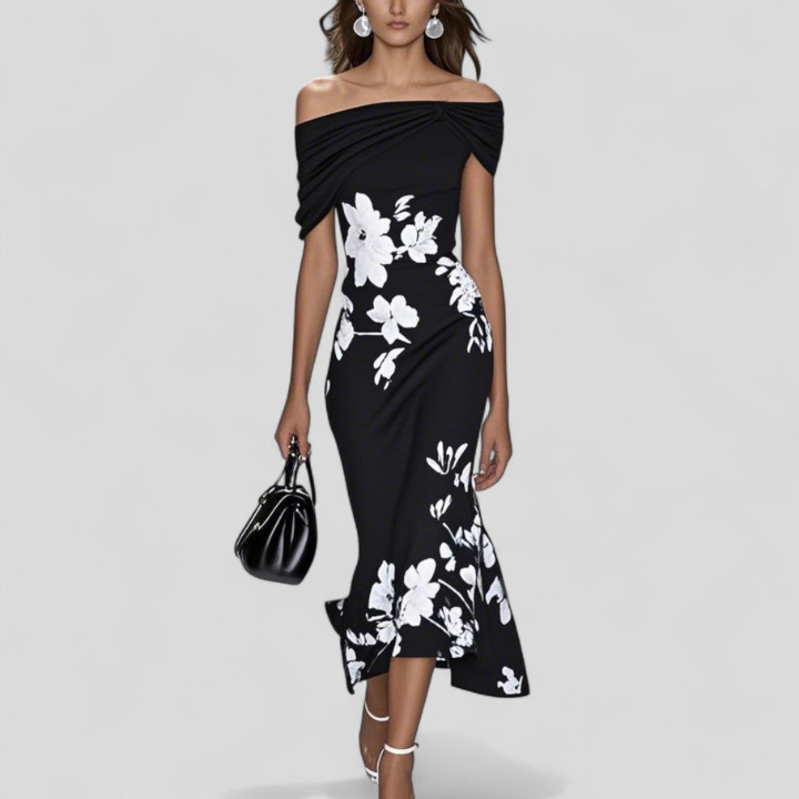 Seraphine | Women's Satin Floral Off-Shoulder Twist-Front Midi Dress