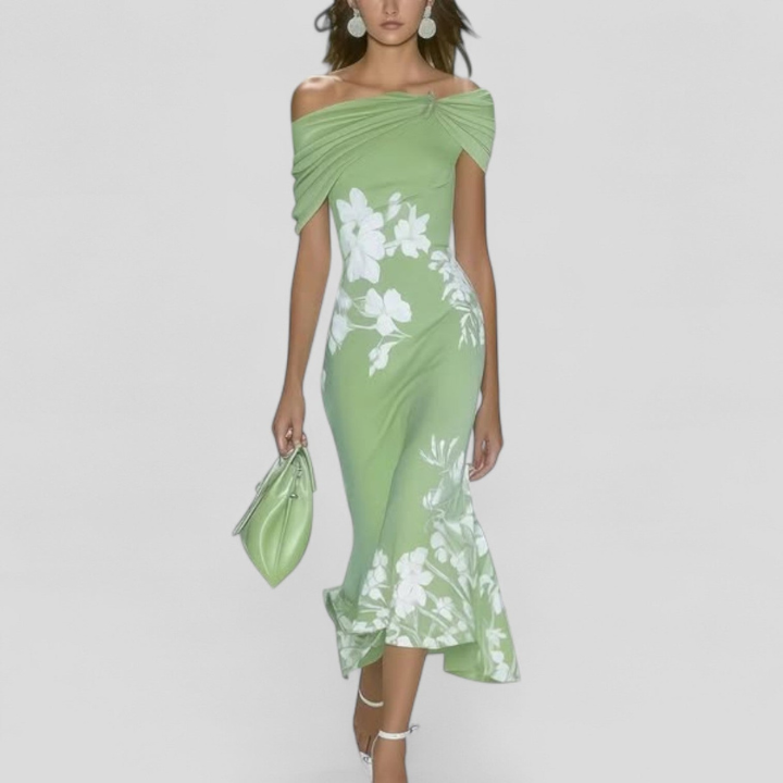 Seraphine | Women's Satin Floral Off-Shoulder Twist-Front Midi Dress