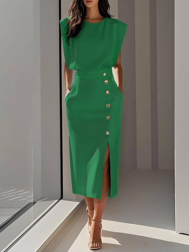 Sloane | Women's Stretch Sleeveless Button Front Slit Midi Dress