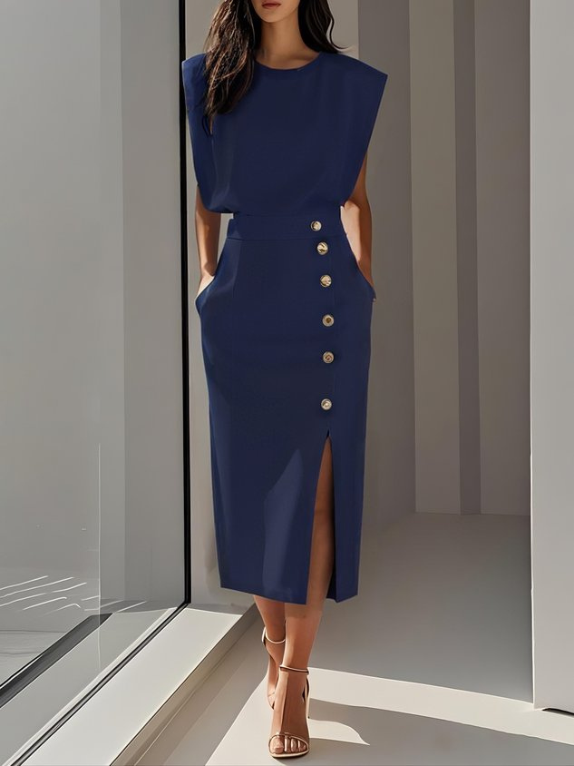 Sloane | Women's Stretch Sleeveless Button Front Slit Midi Dress