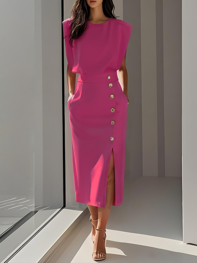 Sloane | Women's Stretch Sleeveless Button Front Slit Midi Dress
