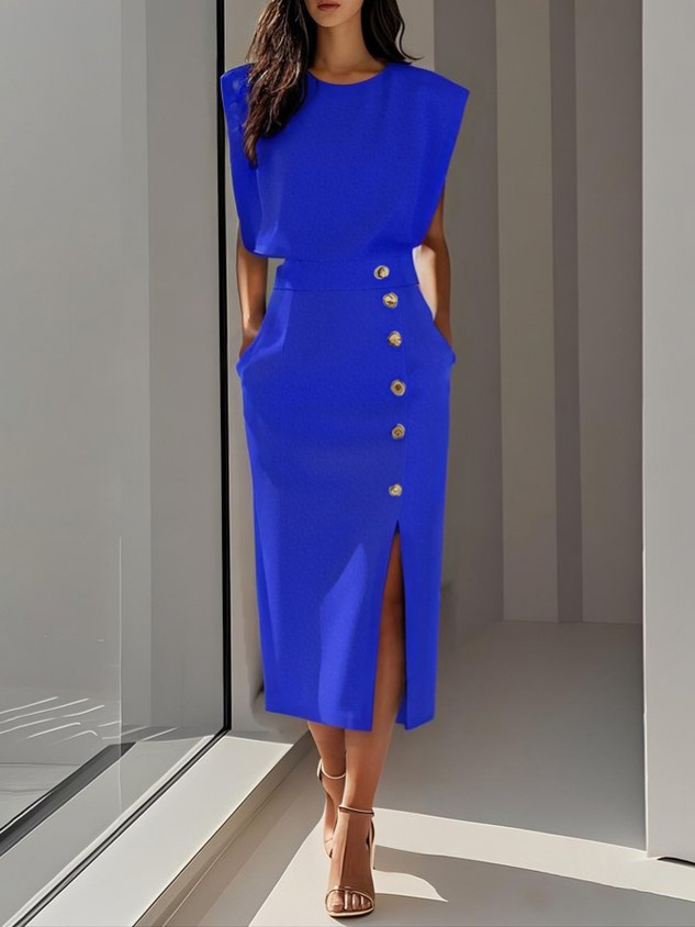 Sloane | Women's Stretch Sleeveless Button Front Slit Midi Dress