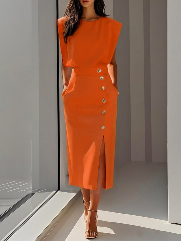 Sloane | Women's Stretch Sleeveless Button Front Slit Midi Dress