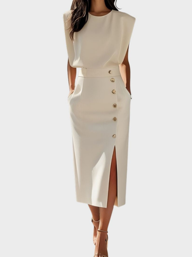 Sloane | Women's Stretch Sleeveless Button Front Slit Midi Dress