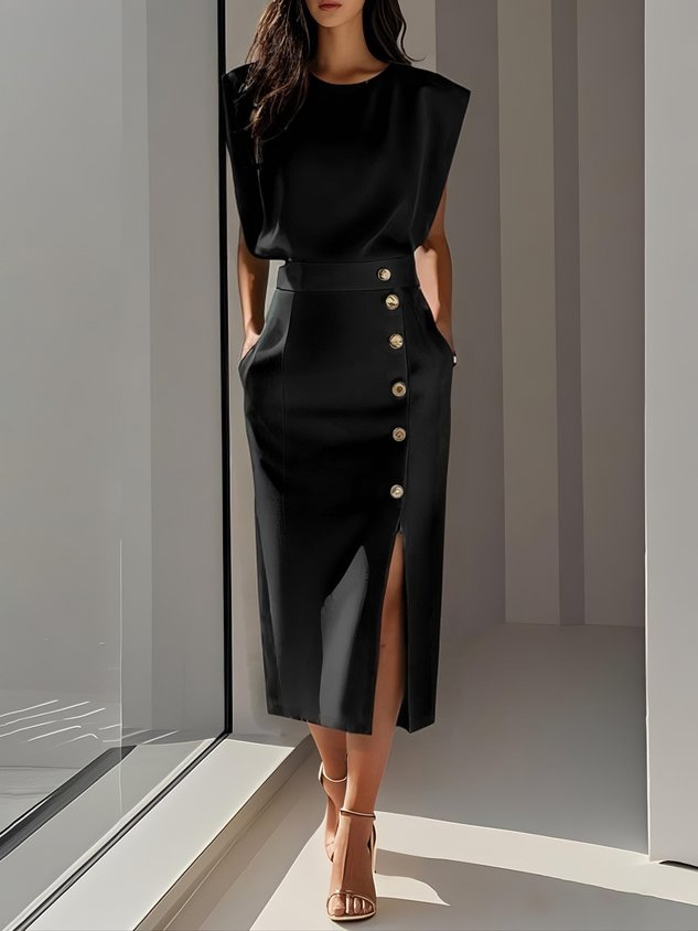 Sloane | Women's Stretch Sleeveless Button Front Slit Midi Dress