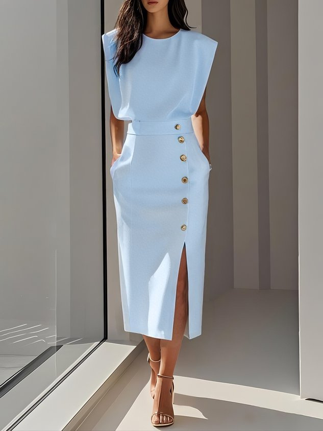 Sloane | Women's Stretch Sleeveless Button Front Slit Midi Dress