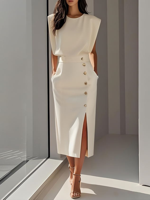 Sloane | Women's Stretch Sleeveless Button Front Slit Midi Dress